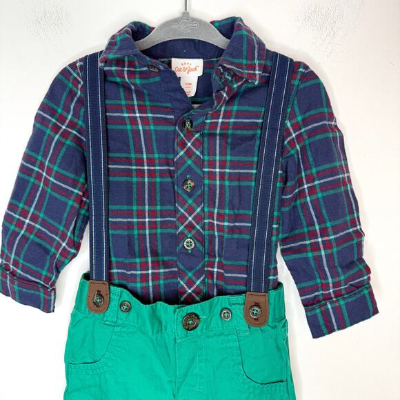 Cat & Jack Baby Boy Plaid Suspenders Holiday Christmas Set Size 12 Months - Picture 2 of 11